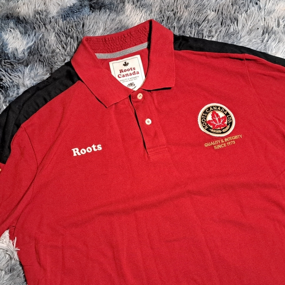 Roots Canada Men's Polo Shirt S/S Made in Canada Flag Patch Red HQ Size XL - Picture 6 of 7